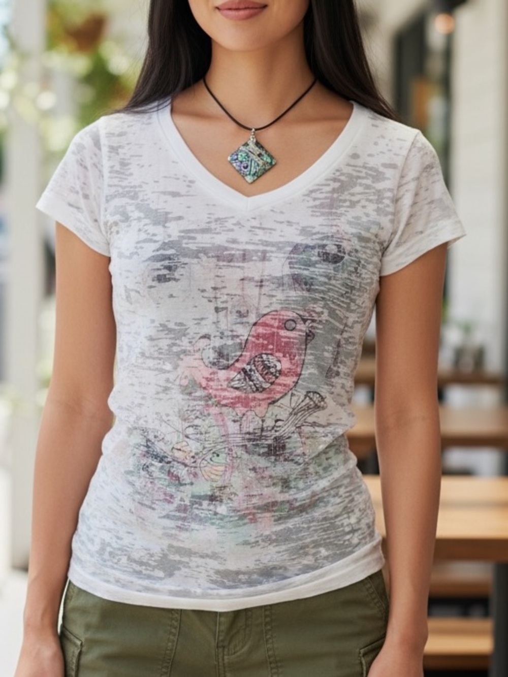 Boho Bird Floral Graphic Tee |Space Dye |V-Neck |Burnout |Small |Cottagecore